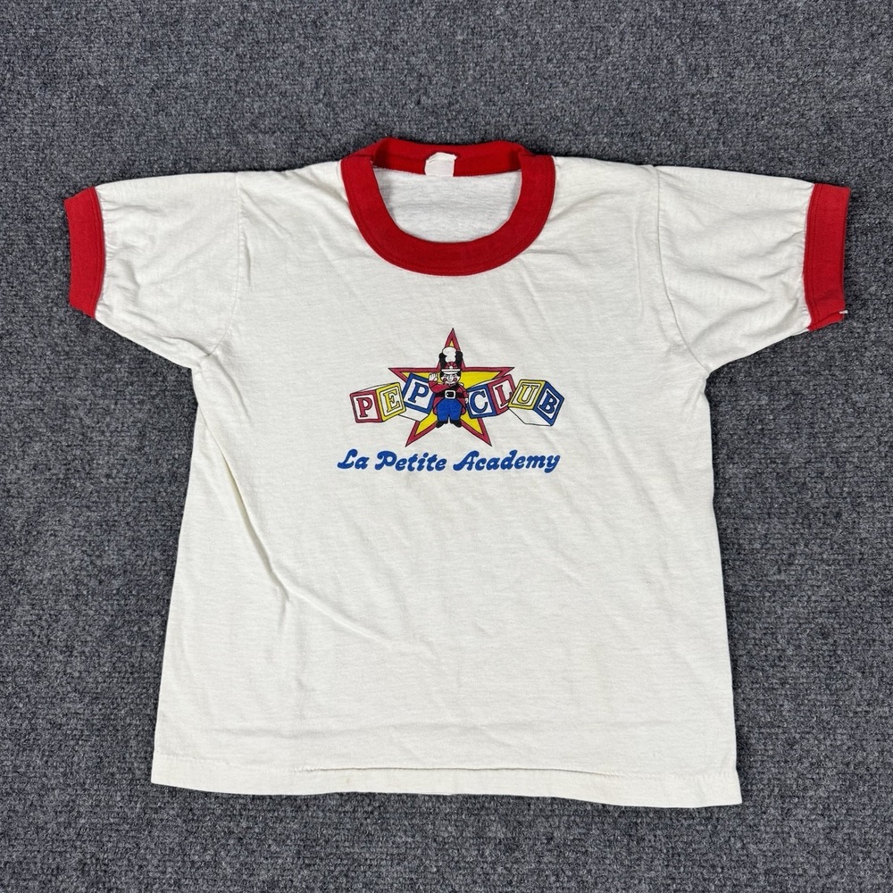 Vintage‎ 80s Kids La Petite Academy Pep Club White Red Ringer T-Shirt Small